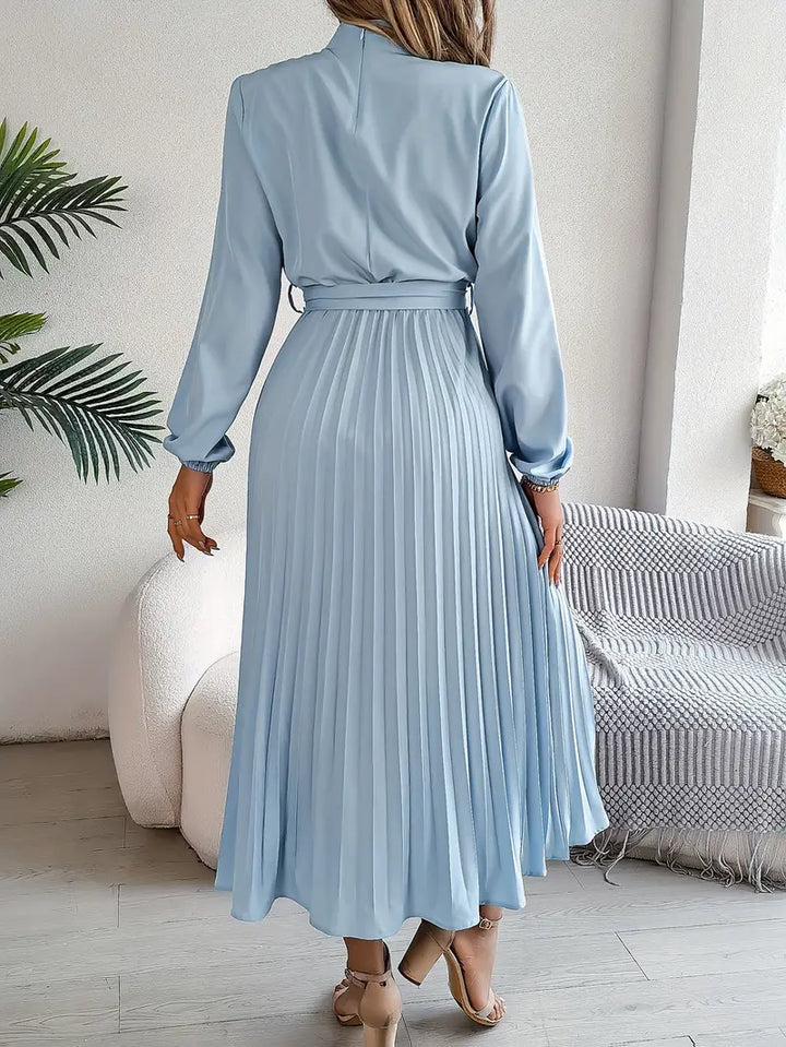Women's Long-Sleeve Pleated Midi Dress with Matching Waist Belt