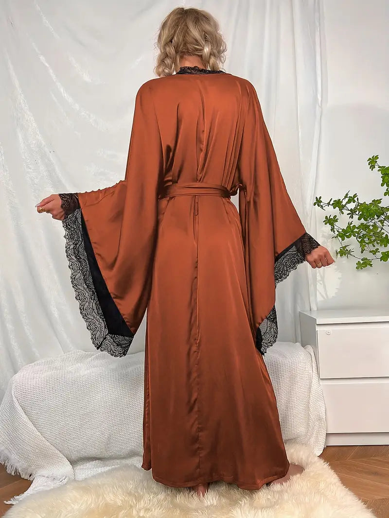 Women's Belted Lace Kimono with Wide Flowing Sleeves