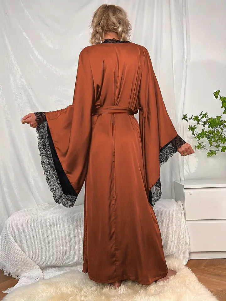 Women's Belted Lace Kimono with Wide Flowing Sleeves