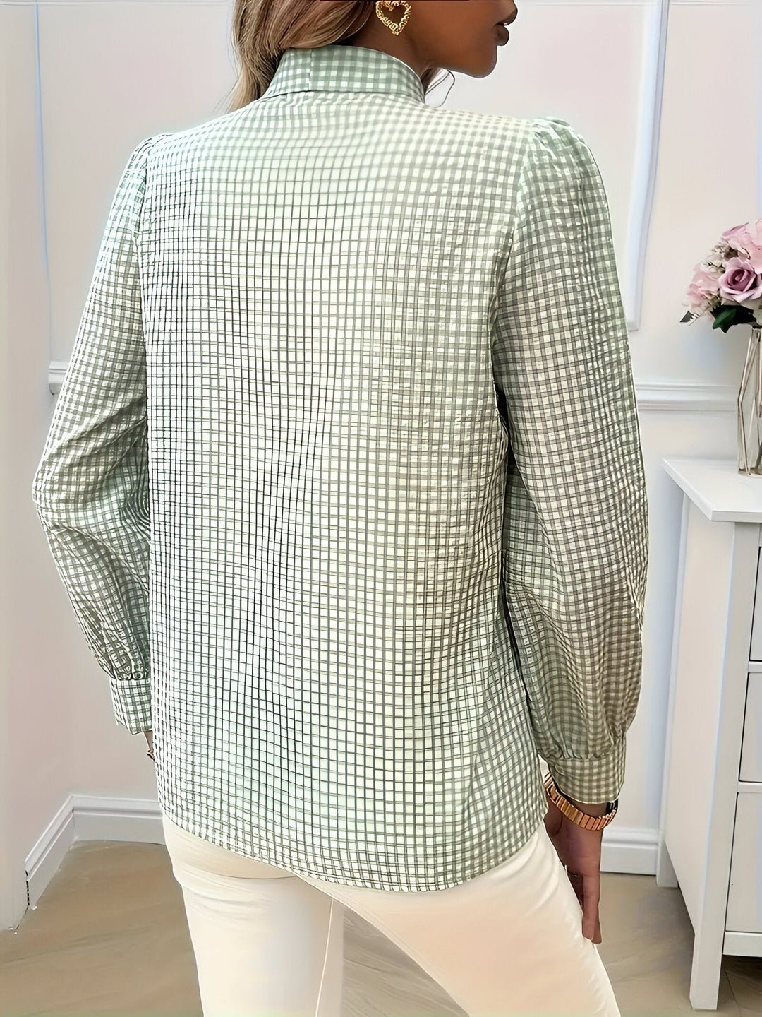 Women's Check Print Blouse with Tie Neck