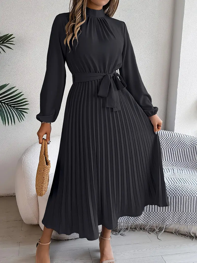 Women's Long-Sleeve Pleated Midi Dress with Matching Waist Belt