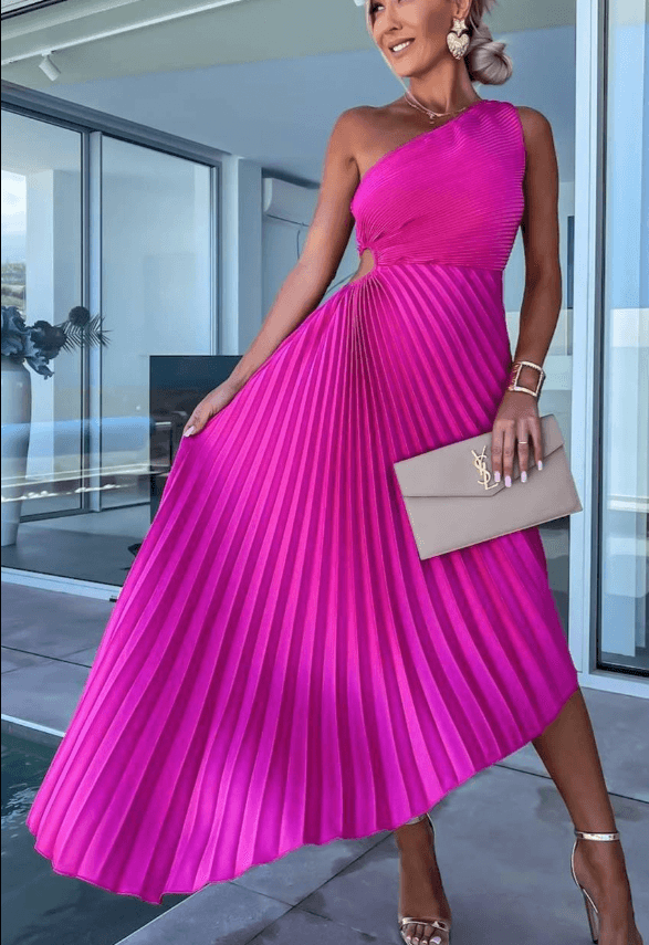 Women's One-Shoulder Maxi Dress with Fine Pleating