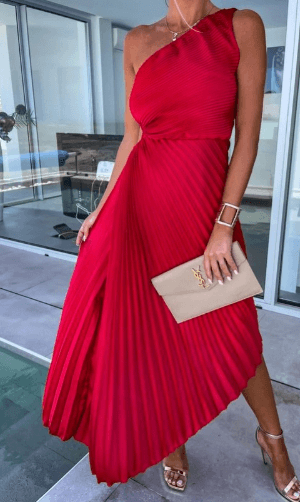 Women's One-Shoulder Maxi Dress with Fine Pleating