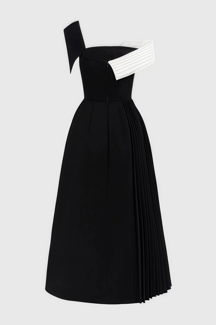 Women's Asymmetric One-Shoulder Midi Dress in Black and White