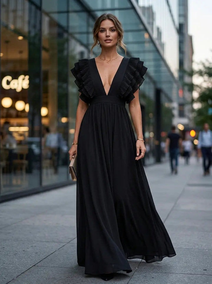 Women's Ruffled V-Neck Maxi Party Dress