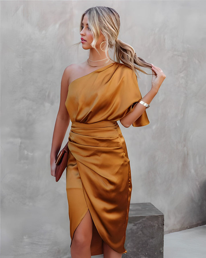 Women's One-Shoulder Wrap Midi Dress with Adjustable Waist