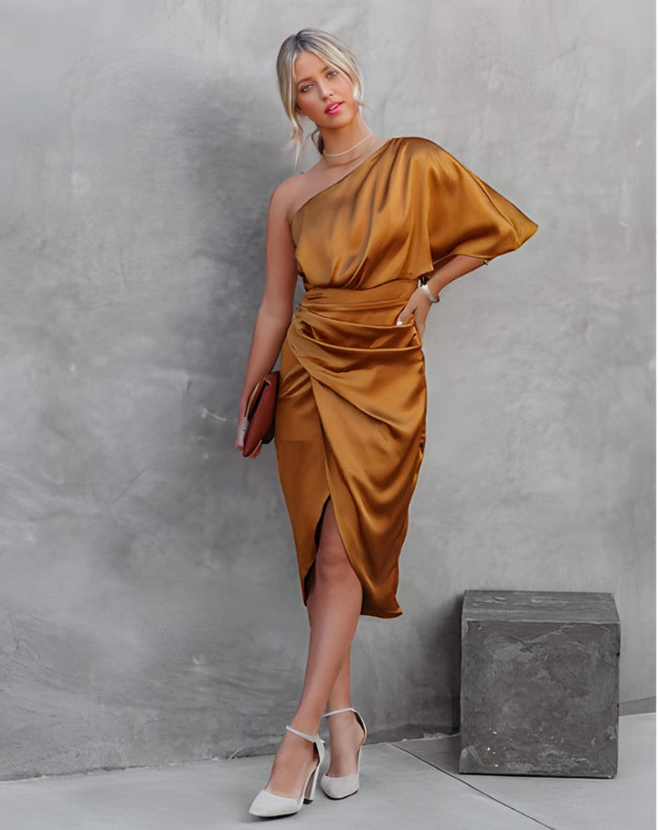Women's One-Shoulder Wrap Midi Dress with Adjustable Waist