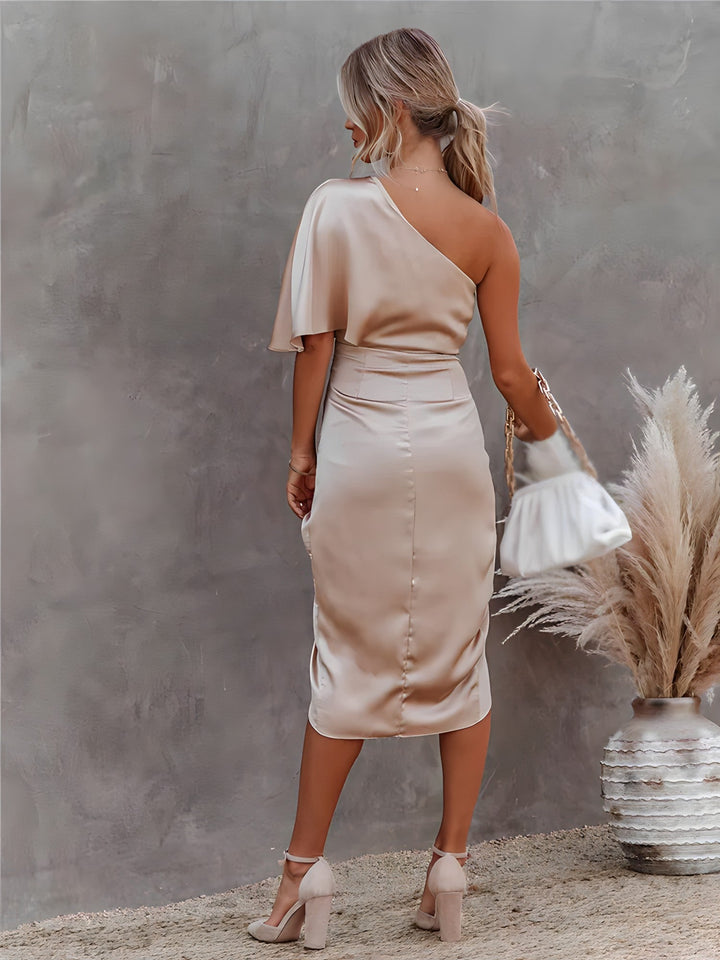 Women's One-Shoulder Wrap Midi Dress with Adjustable Waist