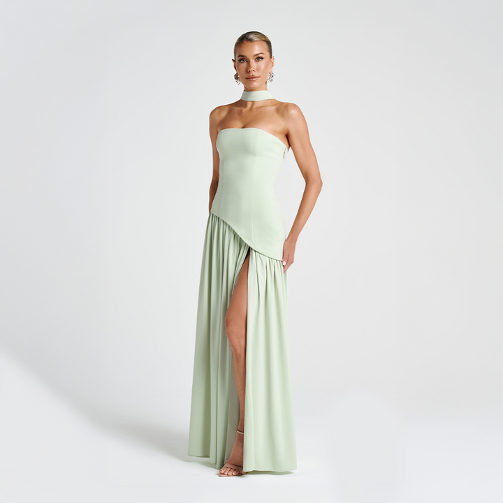 Strapless Dress with Asymmetric Hem and High Slit