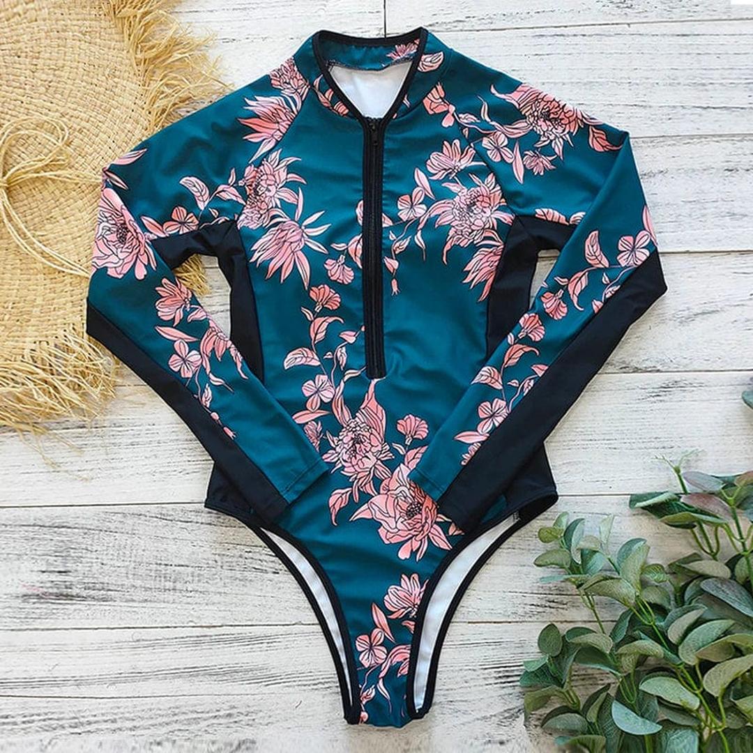 Front-Zip One-Piece Swimsuit with Long Sleeves