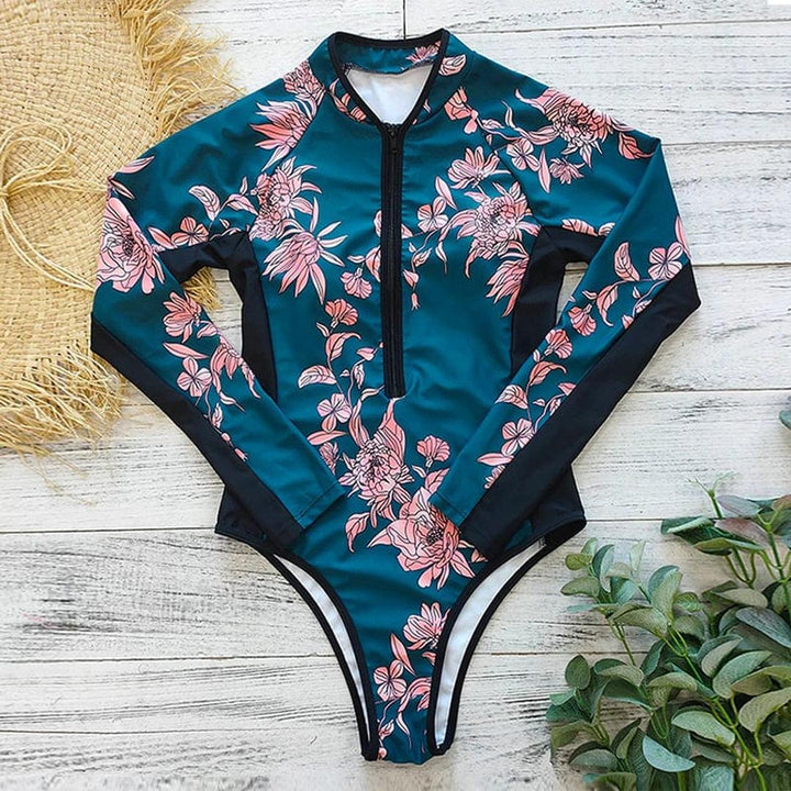 Front-Zip One-Piece Swimsuit with Long Sleeves