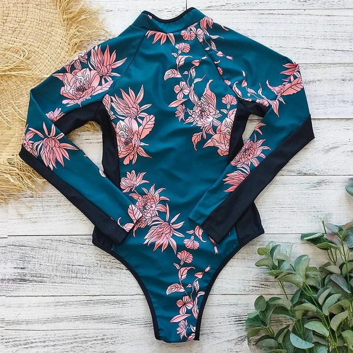 Front-Zip One-Piece Swimsuit with Long Sleeves
