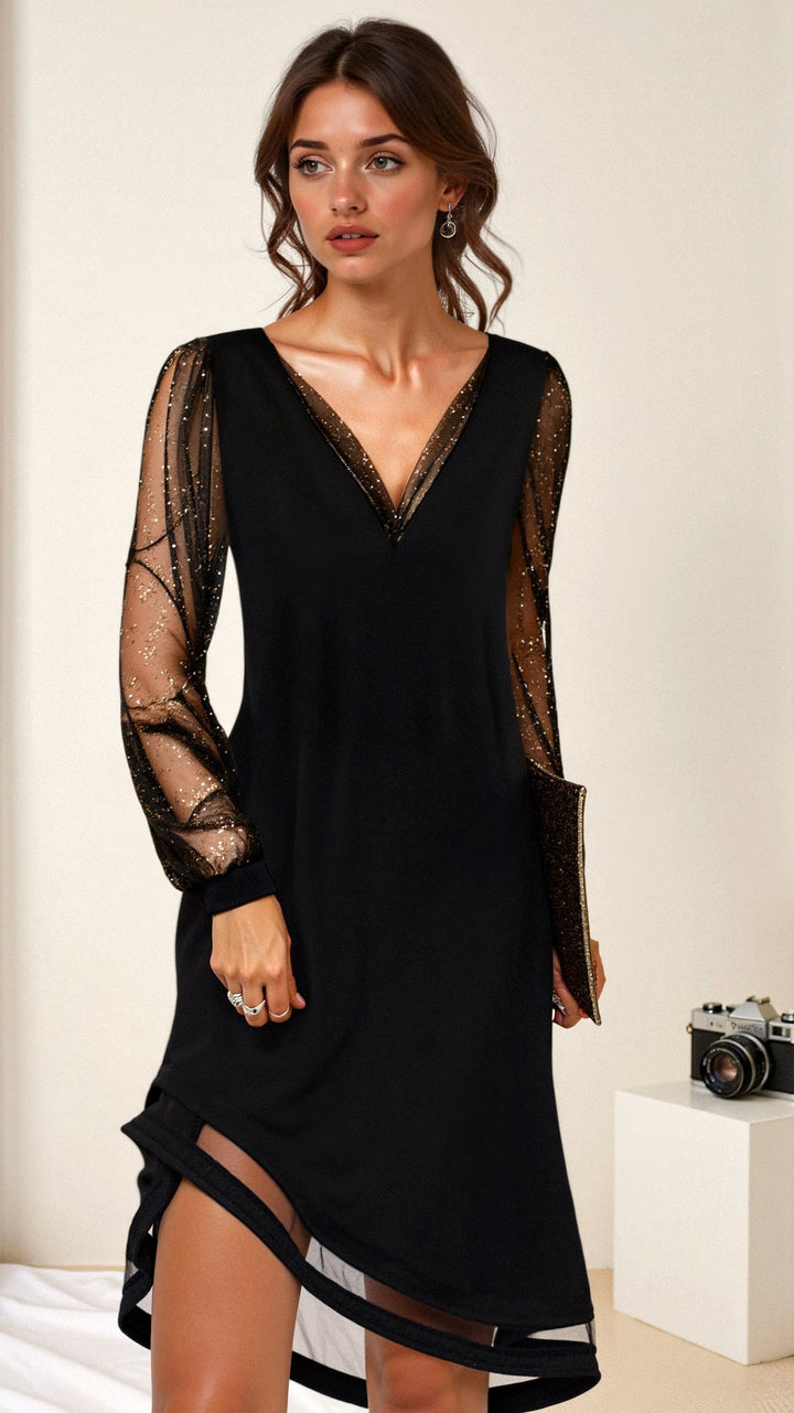 Evening Dress with Sheer Mesh Sleeves and Angled Hem