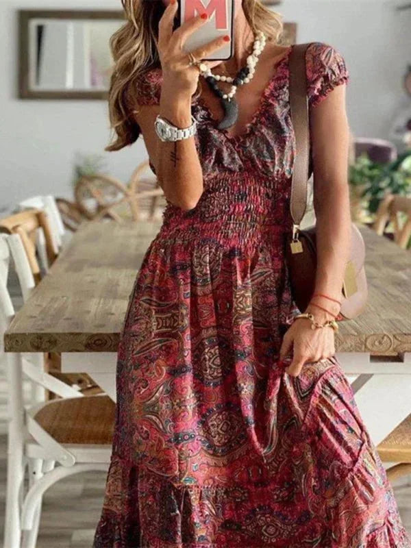 Women's Bohemian Maxi Dress with V-Neck and Ruffles