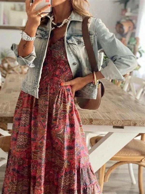 Women's Bohemian Maxi Dress with V-Neck and Ruffles