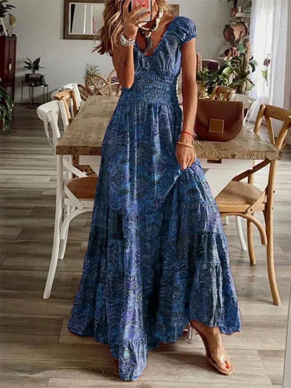 Women's Bohemian Maxi Dress with V-Neck and Ruffles