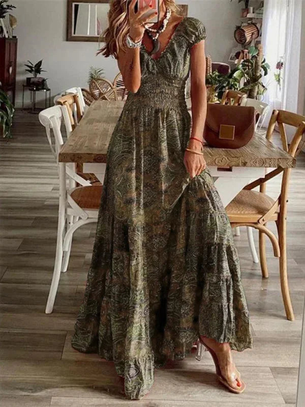 Women's Bohemian Maxi Dress with V-Neck and Ruffles