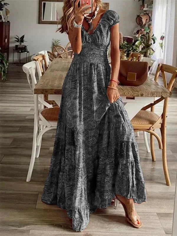 Women's Bohemian Maxi Dress with V-Neck and Ruffles