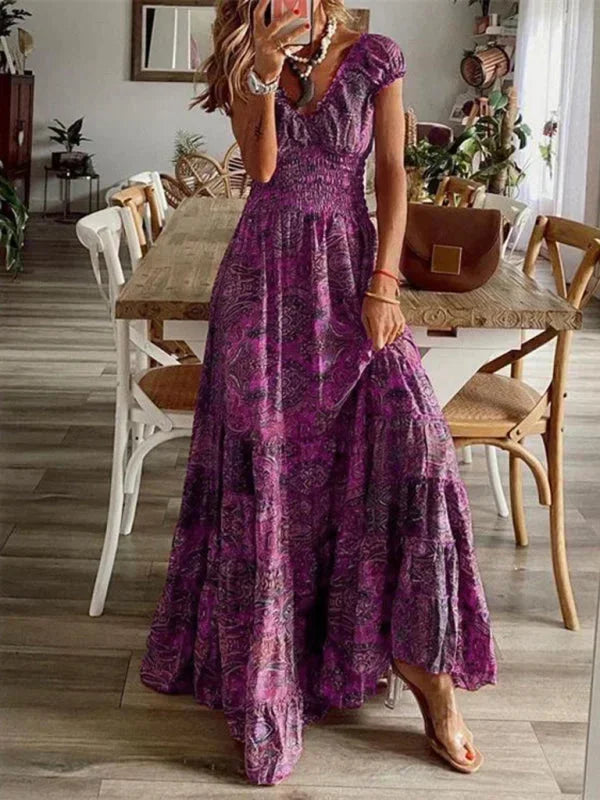 Women's Bohemian Maxi Dress with V-Neck and Ruffles