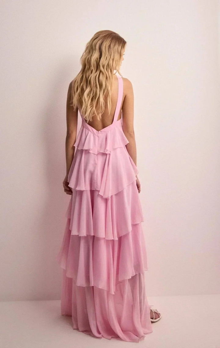 Women's Pink Halter Maxi Dress with Floral Ruffle Detail