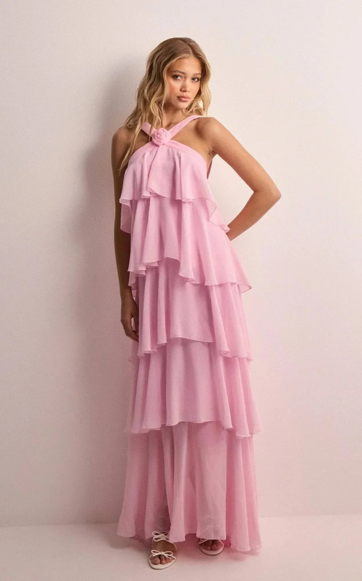 Women's Pink Halter Maxi Dress with Floral Ruffle Detail