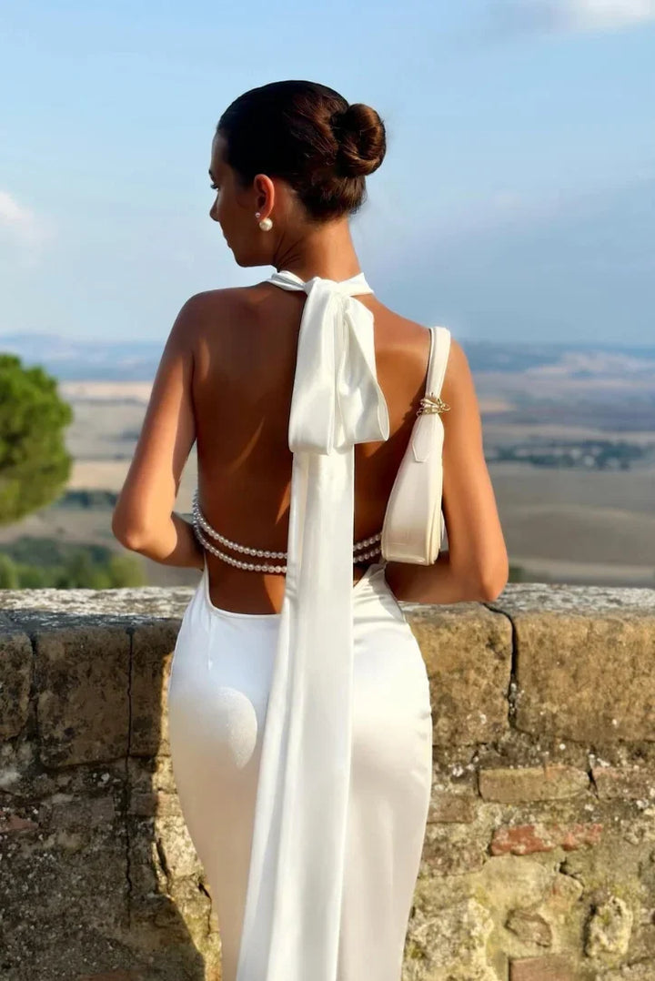 Women's White Floor-Length Dress with Open Back and Bow