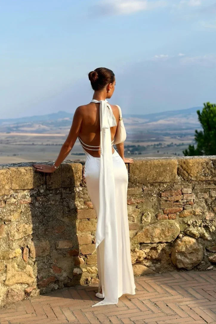 Women's White Floor-Length Dress with Open Back and Bow