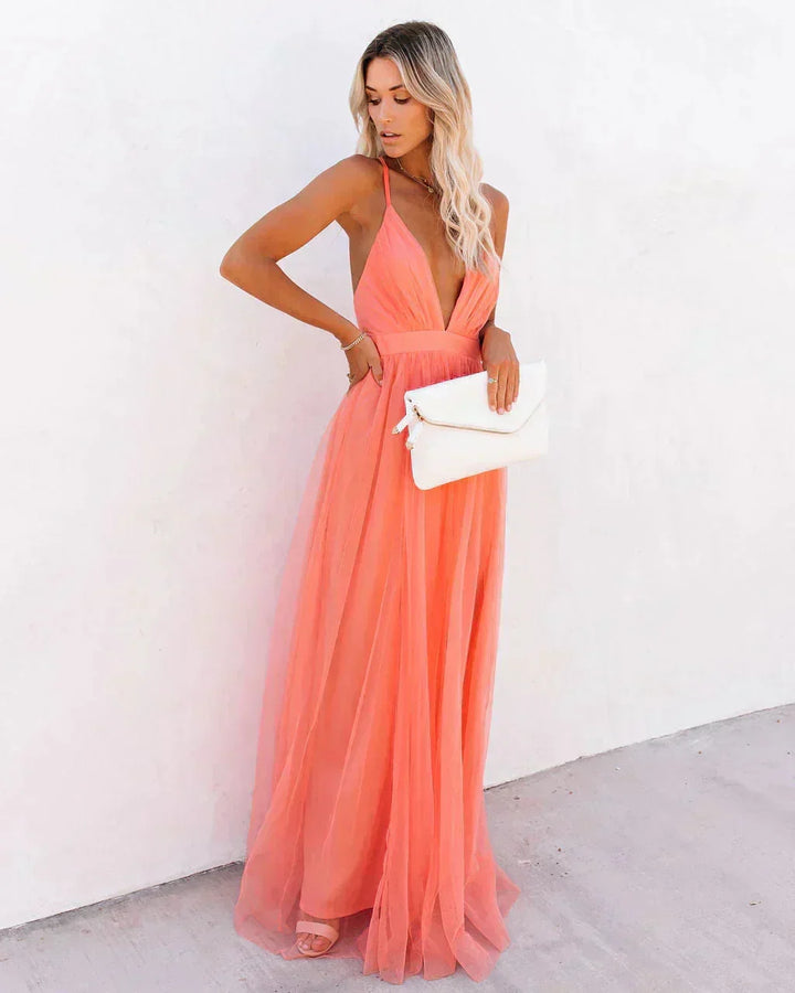 Orange Open-Back Maxi Dress with Fine Straps for Summer Evenings