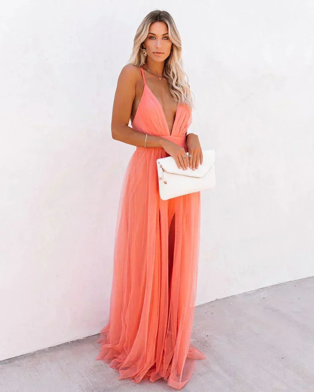 Orange Open-Back Maxi Dress with Fine Straps for Summer Evenings