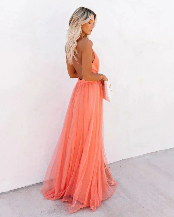 Orange Open-Back Maxi Dress with Fine Straps for Summer Evenings