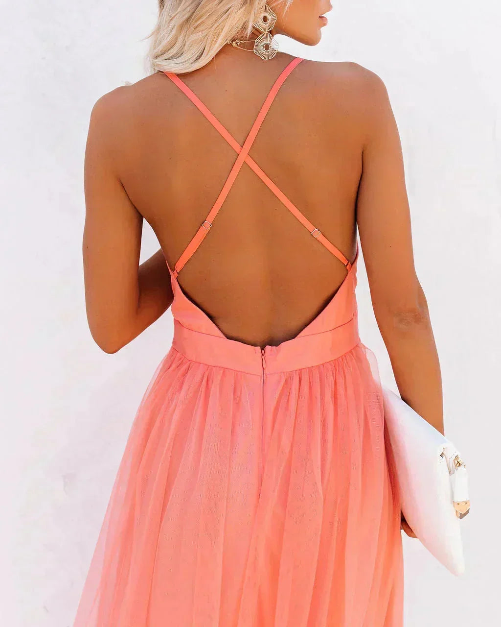 Orange Open-Back Maxi Dress with Fine Straps for Summer Evenings