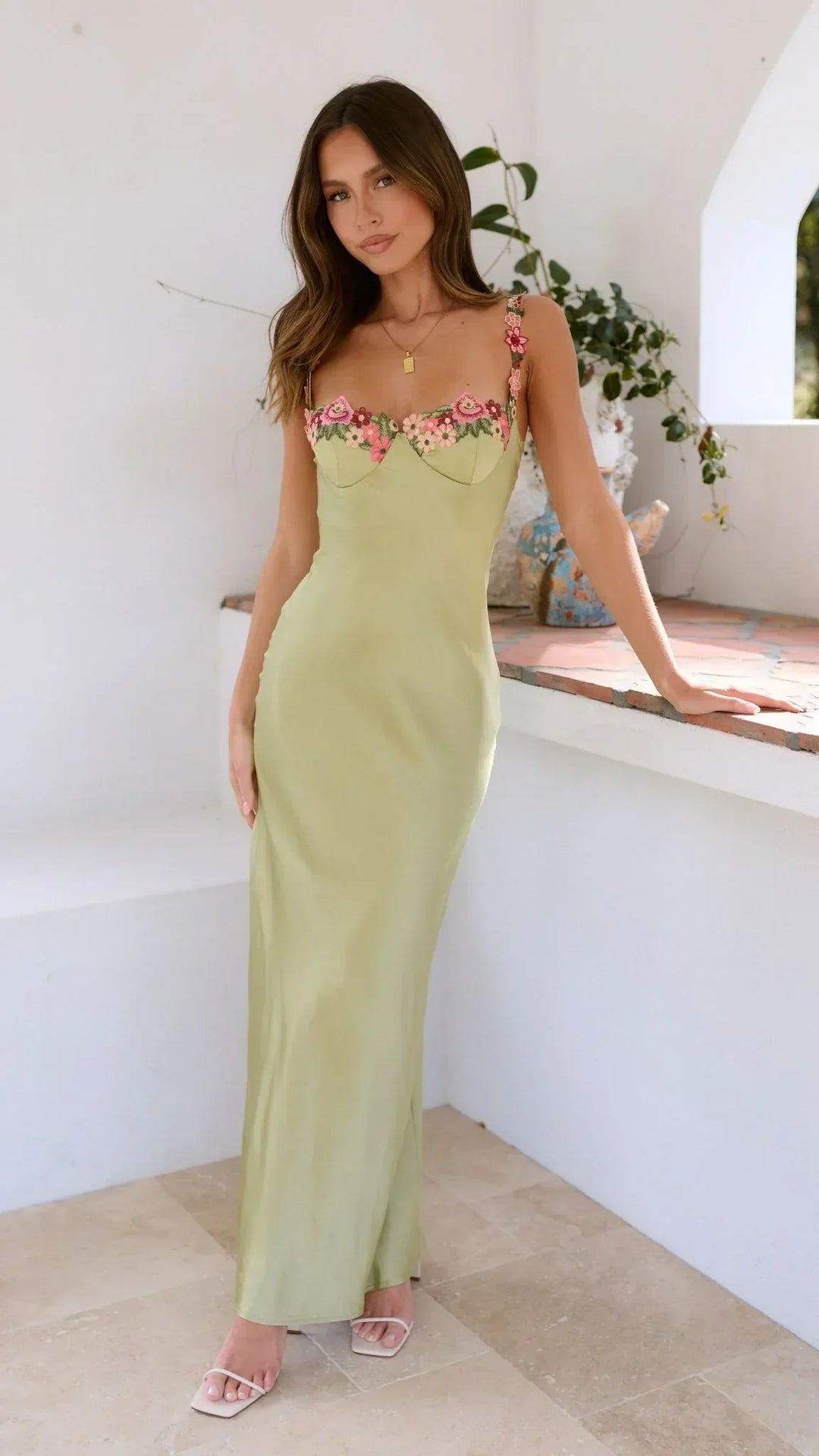 Women's Long Summer Dress with Floral Straps