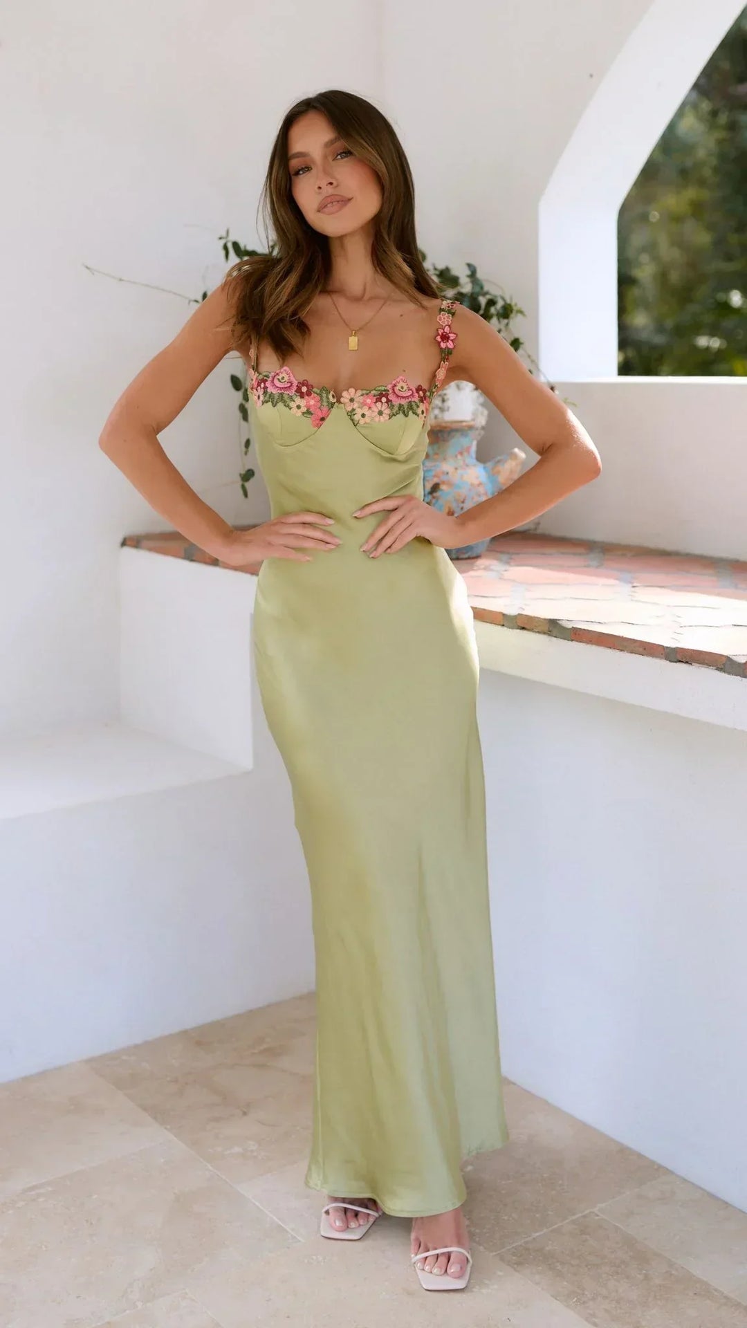 Women's Long Summer Dress with Floral Straps