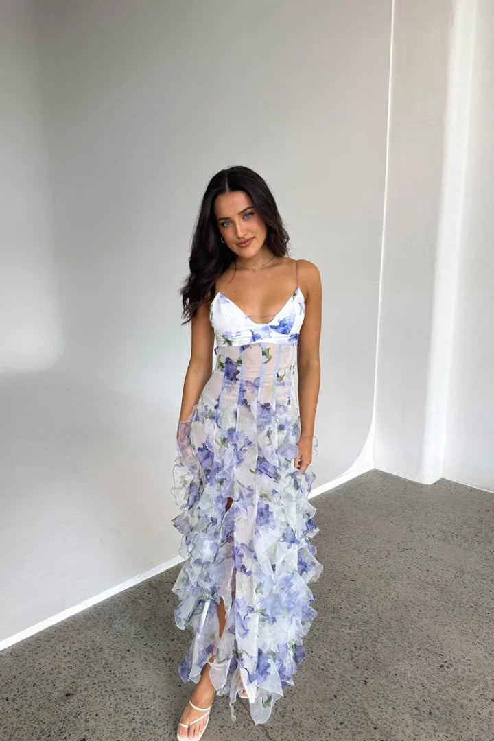 Women's Corset Bodice Floral Ruffle Maxi Dress for Weddings