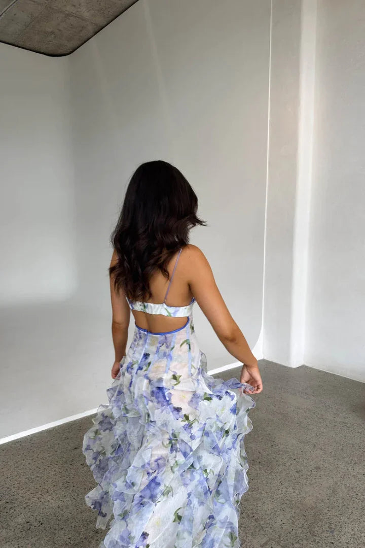Women's Corset Bodice Floral Ruffle Maxi Dress for Weddings