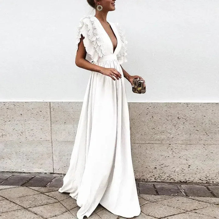 Women's Ruffle Sleeve Maxi Dress with Plunging Neckline