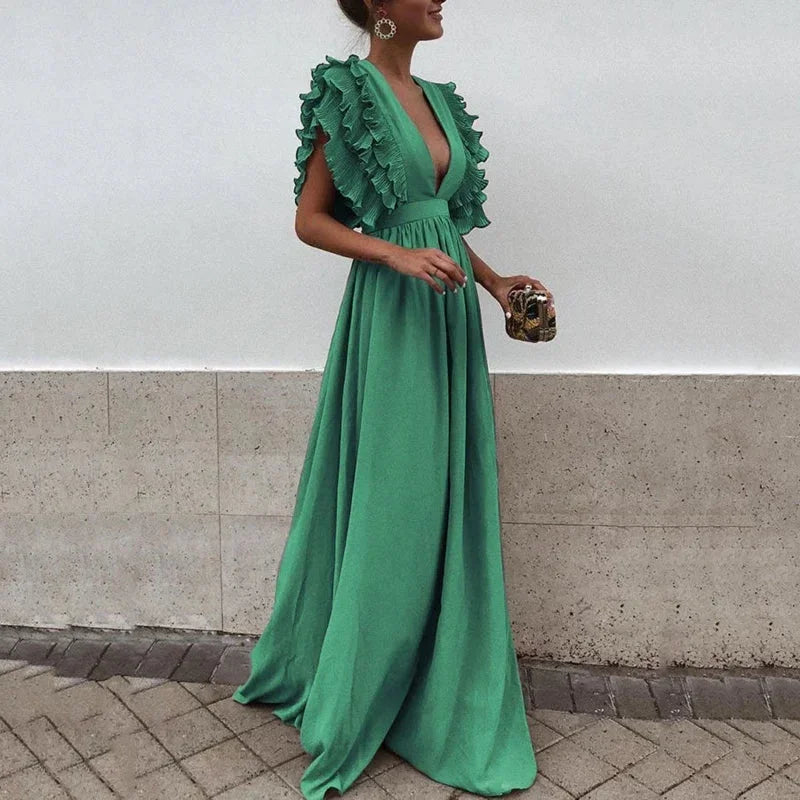 Women's Ruffle Sleeve Maxi Dress with Plunging Neckline