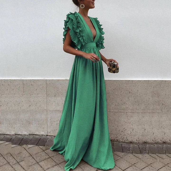 Women's Ruffle Sleeve Maxi Dress with Plunging Neckline