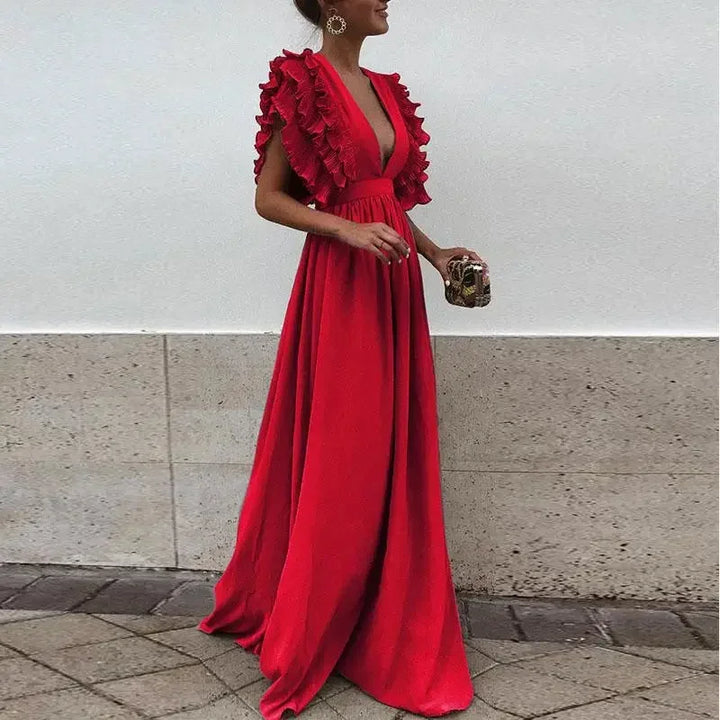 Women's Ruffle Sleeve Maxi Dress with Plunging Neckline