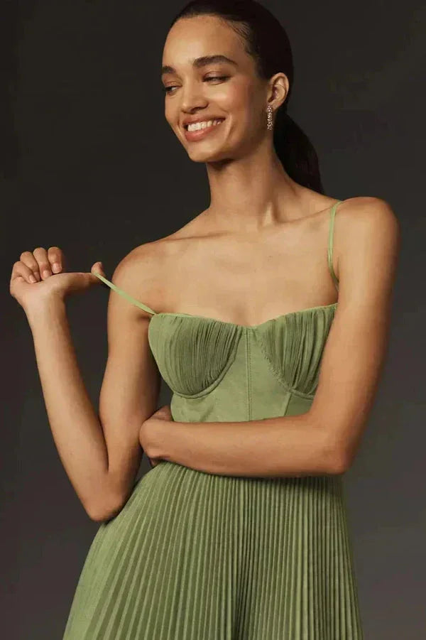 Women's Olive Pleated Midi Dress with Slim Shoulder Straps