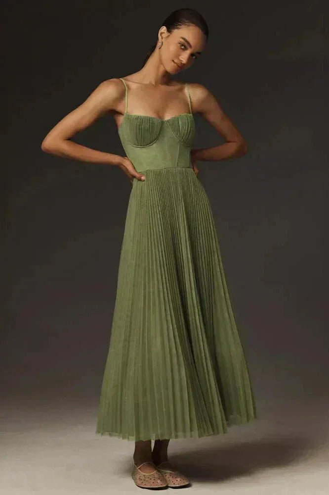 Women's Olive Pleated Midi Dress with Slim Shoulder Straps