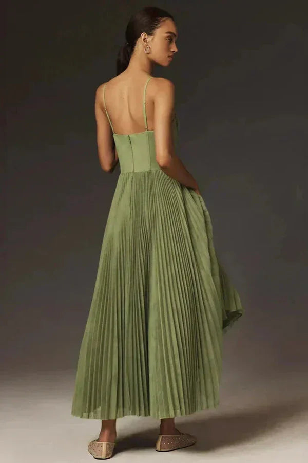 Women's Olive Pleated Midi Dress with Slim Shoulder Straps