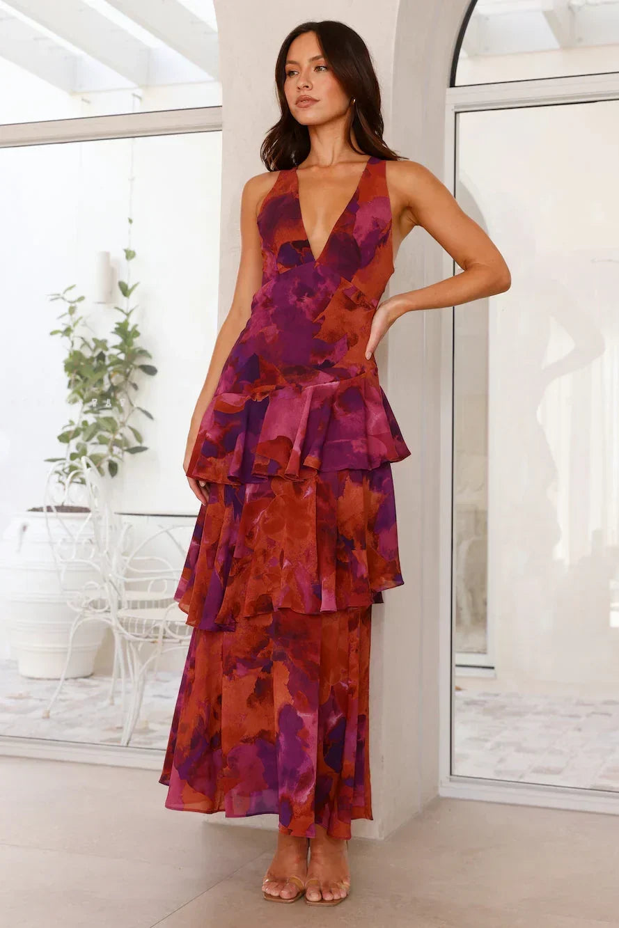 Women's Sleeveless Printed Maxi Dress with Ruffles