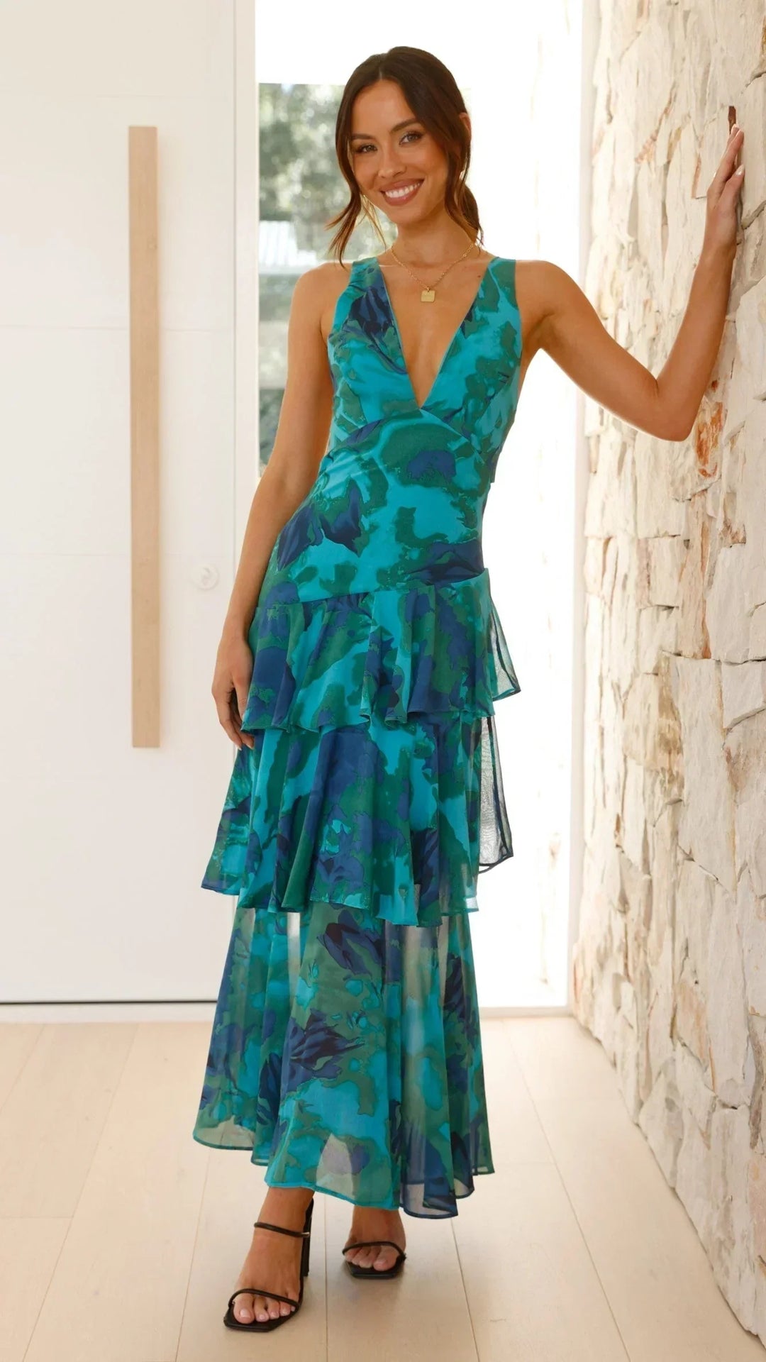 Women's Sleeveless Printed Maxi Dress with Ruffles