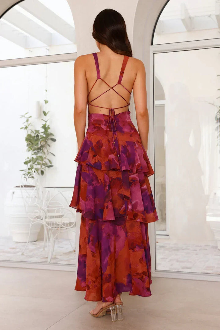 Women's Sleeveless Printed Maxi Dress with Ruffles