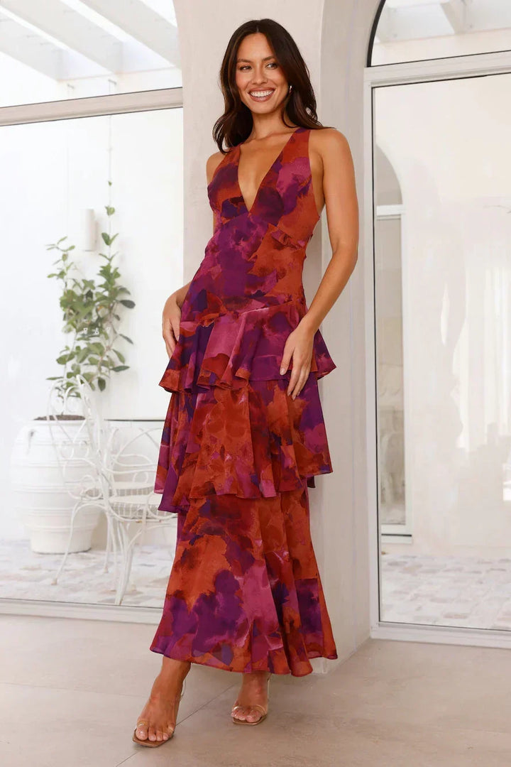 Women's Sleeveless Printed Maxi Dress with Ruffles