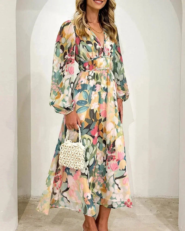 Women's Floral Maxi Dress with V-Neck and Long Sleeves for Spring Weddings