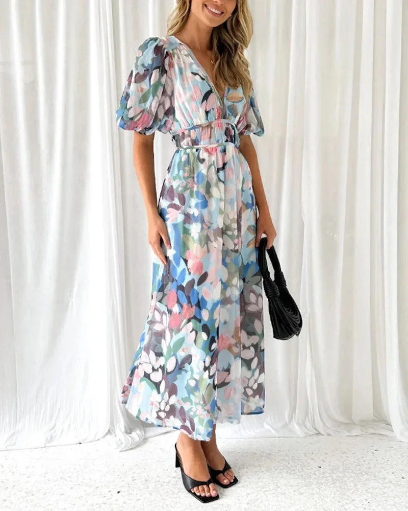 Women's Floral Maxi Dress with V-Neck and Long Sleeves for Spring Weddings