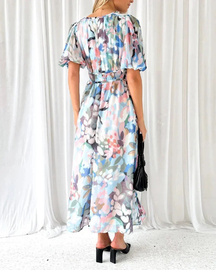 Women's Floral Maxi Dress with V-Neck and Long Sleeves for Spring Weddings