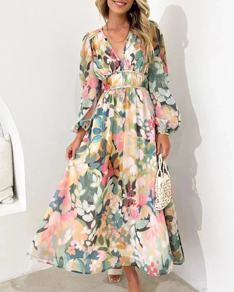Women's Floral Maxi Dress with V-Neck and Long Sleeves for Spring Weddings